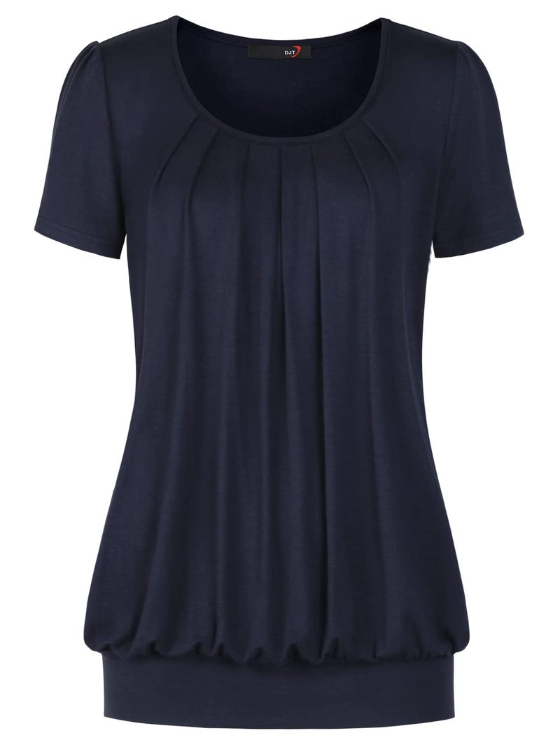 DJT Women's Short Sleeve Summer Tops Scoop Neck Pleated Front Casual Tee T Shirt X-Large Navy - Image 1
